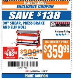 Harbor Freight ITC Coupon 30" SHEAR PRESS BRAKE AND SLIP ROLL Lot No. 62927/5907 Expired: 12/18/18 - $359.99