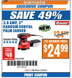 Harbor Freight ITC Coupon BAUER 2.8 AMP 5" RANDOM ORBITAL PALM SANDER Lot No. 63999 Expired: 12/18/18 - $24.99