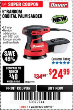 Harbor Freight Coupon BAUER 2.8 AMP 5" RANDOM ORBITAL PALM SANDER Lot No. 63999 Expired: 5/12/19 - $24.99