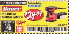 Harbor Freight Coupon BAUER 2.8 AMP 5" RANDOM ORBITAL PALM SANDER Lot No. 63999 Expired: 11/30/19 - $24.99