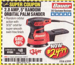 Harbor Freight Coupon BAUER 2.8 AMP 5" RANDOM ORBITAL PALM SANDER Lot No. 63999 Expired: 11/30/19 - $24.99