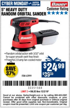 Harbor Freight Coupon BAUER 2.8 AMP 5" RANDOM ORBITAL PALM SANDER Lot No. 63999 Expired: 12/1/19 - $24.99