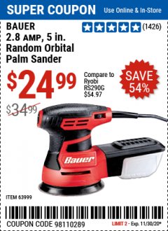 Harbor Freight Coupon BAUER 2.8 AMP 5" RANDOM ORBITAL PALM SANDER Lot No. 63999 Expired: 11/30/20 - $24.99