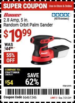 Harbor Freight Coupon BAUER 2.8 AMP 5" RANDOM ORBITAL PALM SANDER Lot No. 63999 Expired: 7/21/24 - $19.99