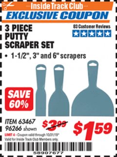 Harbor Freight ITC Coupon 3 PIECE PUTTY SCRAPER SET Lot No. 63467/96266 Expired: 10/31/19 - $1.59