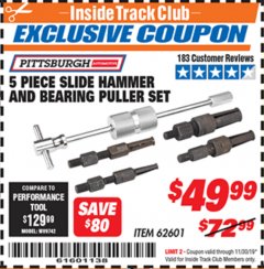 Harbor Freight ITC Coupon 5 PIECE SLIDE HAMMER AND BEARING PULLER SET Lot No. 62601/95987 Expired: 11/30/19 - $49.99
