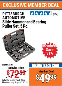 Harbor Freight ITC Coupon 5 PIECE SLIDE HAMMER AND BEARING PULLER SET Lot No. 62601/95987 Expired: 3/25/21 - $49.99