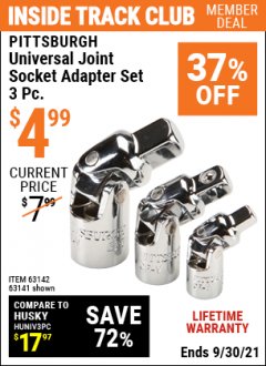 Harbor Freight ITC Coupon 3 PIECE UNIVERSAL JOINT SOCKET ADAPTER SET Lot No. 63141/61955 Expired: 9/30/21 - $4.99