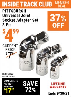 Harbor Freight ITC Coupon PITTSBURGH UNIVERSAL JOINT SOCKET ADAPTER SET, 3-PIECE Lot No. 63141 Expired: 9/30/21 - $4.99