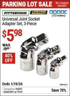 Harbor Freight Coupon PITTSBURGH UNIVERSAL JOINT SOCKET ADAPTER SET, 3-PIECE Lot No. 63141 Expired: 12/31/69 - $5.98