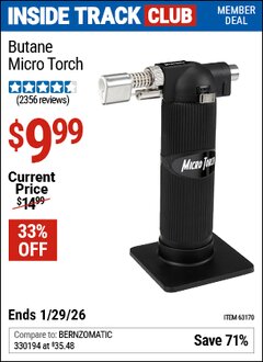 Harbor Freight ITC Coupon BUTANE MICRO TORCH Lot No. 63170 Valid Thru: 1/29/26 - $9.99