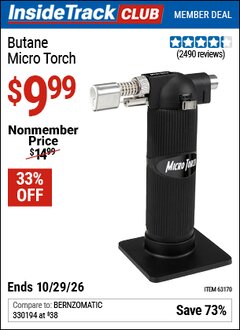 Harbor Freight ITC Coupon BUTANE MICRO TORCH Lot No. 63170 Valid Thru: 10/29/26 - $9.99