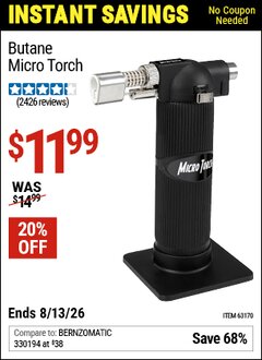 Harbor Freight Coupon BUTANE MICRO TORCH Lot No. 63170 Valid Thru: 8/13/26 - $11.99