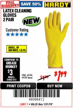 Harbor Freight Coupon HARDY LATEX CLEANING GLOVES, 2-PAIR Lot No. 64183/64184 Expired: 1/31/19 - $1.49
