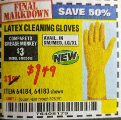 Harbor Freight Coupon HARDY LATEX CLEANING GLOVES, 2-PAIR Lot No. 64183/64184 Expired: 2/28/19 - $1.49
