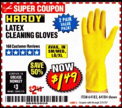 Harbor Freight Coupon HARDY LATEX CLEANING GLOVES, 2-PAIR Lot No. 64183/64184 Expired: 3/31/20 - $1.49