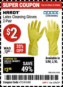 Harbor Freight Coupon LATEX CLEANING GLOVES 2 PAIR Lot No. 64184/64183 EXPIRES: 4/28/24 - $2