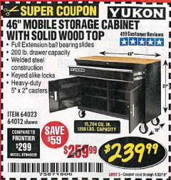 Harbor Freight Coupon YUKON 46" MOBILE WORKBENCH WITH SOLID WOOD TOP Lot No. 64023/64012 Expired: 4/30/19 - $239.99