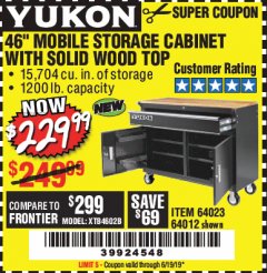 Harbor Freight Coupon YUKON 46" MOBILE WORKBENCH WITH SOLID WOOD TOP Lot No. 64023/64012 Expired: 6/19/19 - $229.99