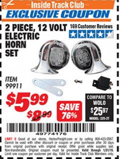 Harbor Freight ITC Coupon 2 PIECE, 12 VOLT ELECTRIC HORN SET Lot No. 99911 Expired: 1/31/19 - $0