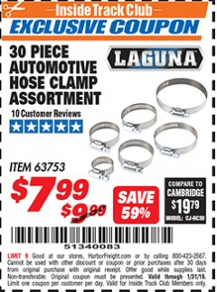 Harbor Freight ITC Coupon 30 PIECE AUTOMOTIVE HOSE CLAMP ASSORTMENT LAGUNA Lot No. 63753 Expired: 1/31/19 - $7.99