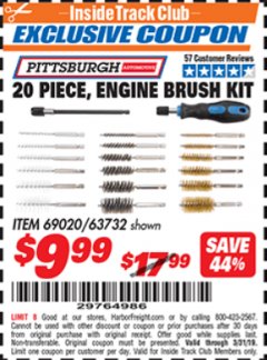 Harbor Freight ITC Coupon 20 PIECE ENGINE BRUSH KIT PITTSBURGH Lot No. 69020/63732 Expired: 3/31/19 - $9.99