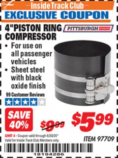 Harbor Freight ITC Coupon 4" PISTON RING COMPRESSOR PITTSBURGH Lot No. 97709 Expired: 6/30/20 - $5.99