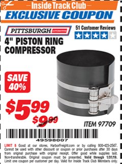 Harbor Freight ITC Coupon 4" PISTON RING COMPRESSOR PITTSBURGH Lot No. 97709 Expired: 1/31/19 - $5.99