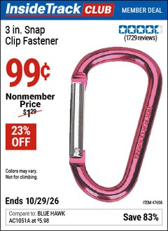 Harbor Freight ITC Coupon 3 IN. SNAP CLIP FASTENER Lot No. 47658 Valid Thru: 10/29/26 - $0.99