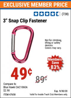 Harbor Freight ITC Coupon 3" SNAP CLIP FASTENER Lot No. 47658 Expired: 9/30/20 - $0.49