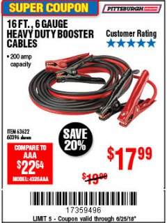 Harbor Freight Coupon PITTSBURGH AUTOMOTIVE 16 FT. 6 GAUGE JUMPER CABLES Lot No. 60396 Expired: 6/25/18 - $17.99