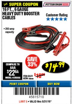 Harbor Freight Coupon PITTSBURGH AUTOMOTIVE 16 FT. 6 GAUGE JUMPER CABLES Lot No. 60396 Expired: 8/31/18 - $14.99