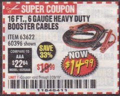 Harbor Freight Coupon PITTSBURGH AUTOMOTIVE 16 FT. 6 GAUGE JUMPER CABLES Lot No. 60396 Expired: 2/28/19 - $14.99