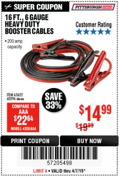 Harbor Freight Coupon PITTSBURGH AUTOMOTIVE 16 FT. 6 GAUGE JUMPER CABLES Lot No. 60396 Expired: 4/7/19 - $14.99