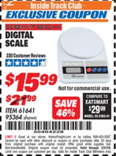 Harbor Freight ITC Coupon CEN TECH DIGITAL SCALE Lot No. 95364,61641 Expired: 1/31/19 - $15.99