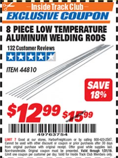 Harbor Freight ITC Coupon 8 PIECE LOW TEMPERATURE ALUMINUM WELDING RODS Lot No. 44810 Expired: 1/31/19 - $12.99