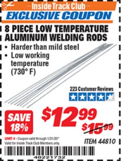 Harbor Freight ITC Coupon 8 PIECE LOW TEMPERATURE ALUMINUM WELDING RODS Lot No. 44810 Expired: 1/31/20 - $12.99