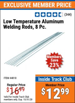 Harbor Freight ITC Coupon 8 PIECE LOW TEMPERATURE ALUMINUM WELDING RODS Lot No. 44810 Expired: 10/31/20 - $12.99