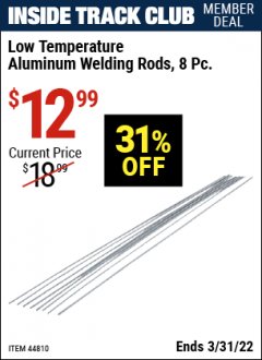 Harbor Freight ITC Coupon 8 PIECE LOW TEMPERATURE ALUMINUM WELDING RODS Lot No. 44810 Expired: 3/31/22 - $12.99