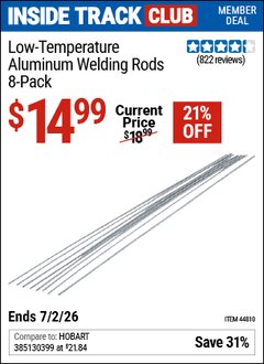 Harbor Freight Coupon LOW-TEMPERATURE ALUMINUM WELDING RODS, 8-PACK Lot No. 44810 Valid: 12/31/69 - 7/2/26 - $14.99