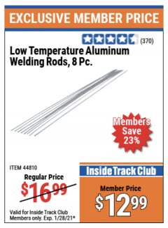 Harbor Freight ITC Coupon 8 PIECE LOW TEMPERATURE ALUMINUM WELDING RODS Lot No. 44810 Expired: 1/28/21 - $12.99