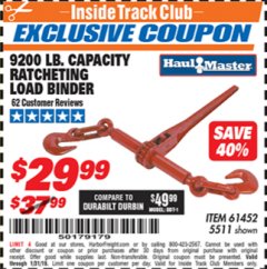 Harbor Freight ITC Coupon 9200 LB. CAPACITY RATCHETING LOAD BINDER Lot No. 61452 Expired: 1/31/19 - $29.99