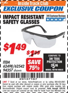 Harbor Freight ITC Coupon IMPACT RESISTANT SAFETY GLASSES Lot No. 62498/62542/94357 Expired: 3/31/19 - $1.49