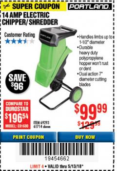 Harbor Freight Coupon 1-1/2" CAPACITY 14 AMP CHIPPER SHREDDER Lot No. 69293/61714 Expired: 5/13/18 - $99.99