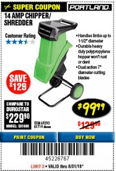 Harbor Freight Coupon 1-1/2" CAPACITY 14 AMP CHIPPER SHREDDER Lot No. 69293/61714 Expired: 8/31/18 - $99.99