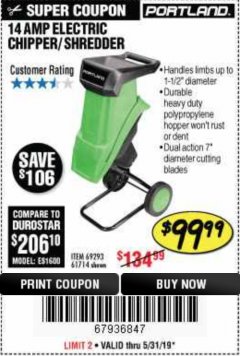 Harbor Freight Coupon 1-1/2" CAPACITY 14 AMP CHIPPER SHREDDER Lot No. 69293/61714 Expired: 5/31/19 - $99.99