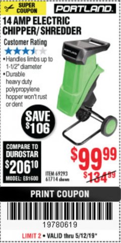 Harbor Freight Coupon 1-1/2" CAPACITY 14 AMP CHIPPER SHREDDER Lot No. 69293/61714 Expired: 5/12/19 - $99.99
