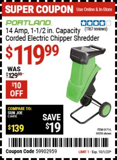 Harbor Freight Coupon 1-1/2" CAPACITY 14 AMP CHIPPER SHREDDER Lot No. 69293/61714 Expired: 10/1/23 - $119.99