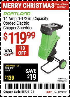 Harbor Freight Coupon 1-1/2" CAPACITY 14 AMP CHIPPER SHREDDER Lot No. 69293/61714 Expired: 12/24/23 - $119.99