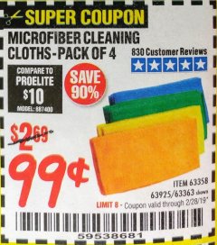 Harbor Freight Coupon MICROFIBER CLEANING CLOTHS PACK OF 4 Lot No. 57162/63358/63925/63363 Expired: 2/28/19 - $0.99